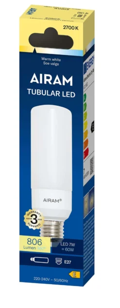 Airam LED TUB37 827 806lm E27 OP
