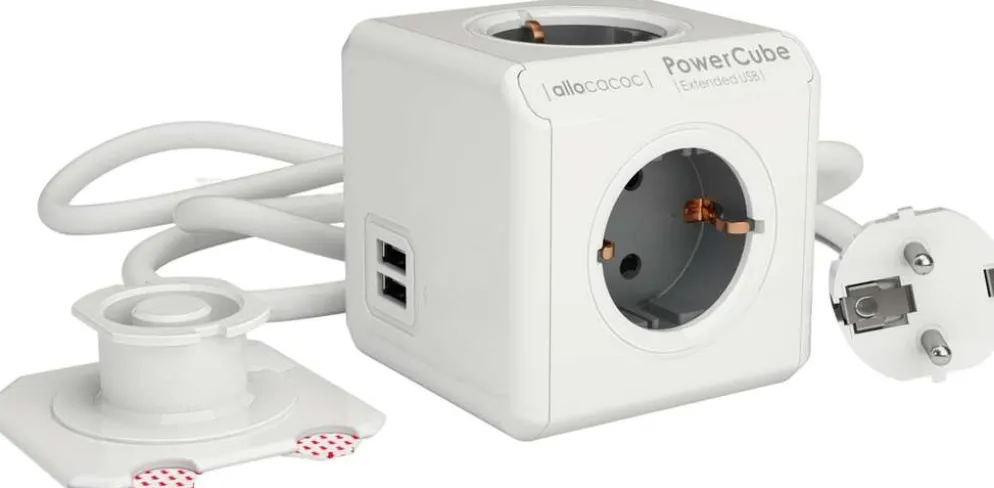 Allocacoc jatkojohto powercube 4-os 1.5m schuko+2-USB+kiinnike