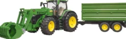 Bruder John Deere 7R 350 traktori etukuormaajalla ja perävaunulla