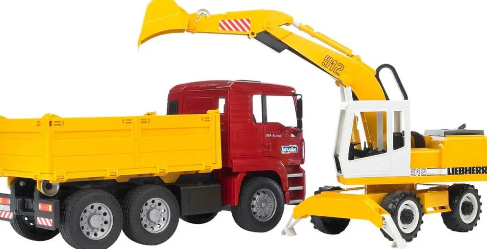 Bruder MAN TGA kuorma-auto ja Liebherr kaivinkone