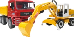 Bruder MAN TGA kuorma-auto ja Liebherr kaivinkone