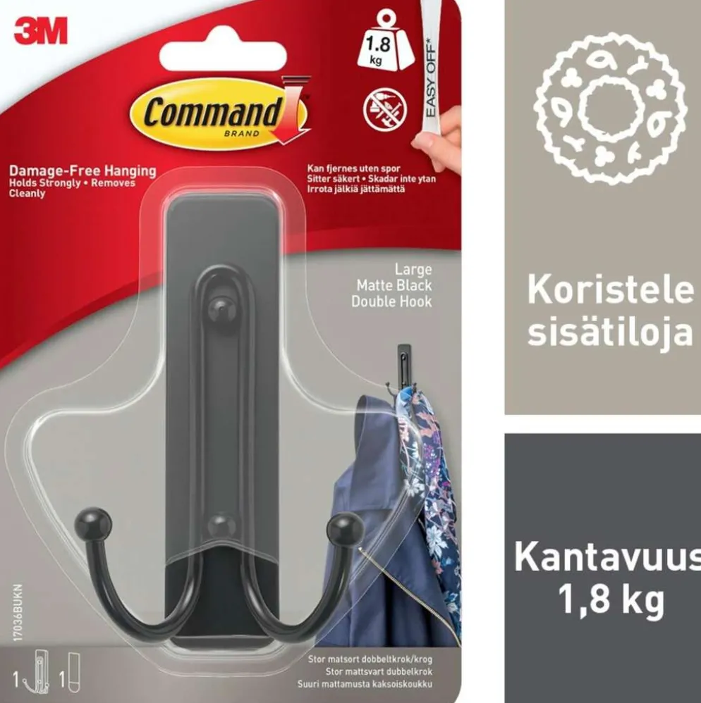 Command™-kaksoiskoukku, mattamusta, iso, 17036B, 1 kiinnityskoukku, 1 kiinnityspala