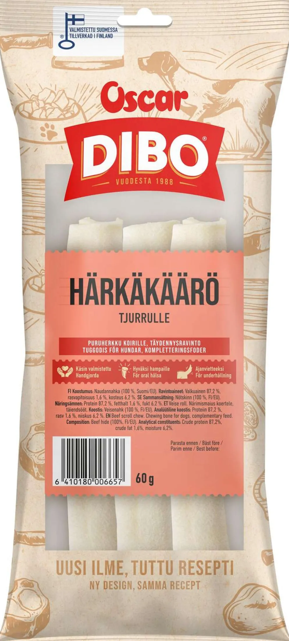 DIBO Härkäkäärö puruherkku 60 g (3 kpl), koirille