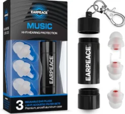 Earpeace kuulosuojaimet, 3 valinnaista vaimennusta (Medium 17dB, High 20dB ja Max 26dB). Mukana alumiinisäiliö tulppien säilytystä varten.
