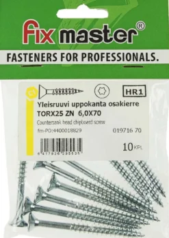 Fix Master yleisruuvi uppokanta osakierre 6X70 torx25 sinkitty 10 kpl