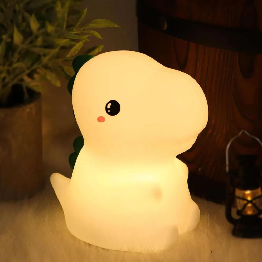 FocusLight Dino lastenhuoneen yövalaisin, kork:16,3cm, CCT: 3000K + RGB, Taputus kosketuskytkin, USB ladattavaa, sisältää lithium Akku, IP20, valkoinen