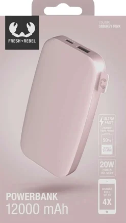 Fresh 'n Rebel Varavirtalähde 12000 mAh USB-C -liitännällä, Ultra Fast Charging, 20W PowerDelivery, Smokey Pink