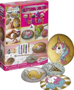 Glitter Unicorn kivien maalaus, 3 kiveä, sivellin, glitterliimaa, maalit