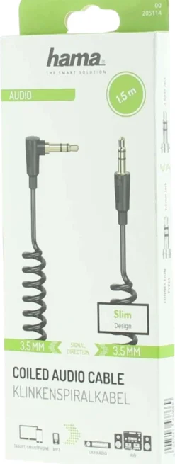 Hama Audiojohto, 3,5 mm - 3,5 mm 90°, Flexi-Slim spiral, 1,5 m