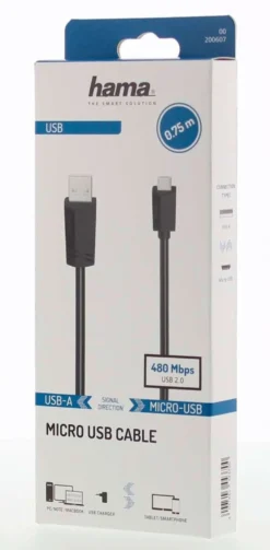 Hama USB-kaapeli, USB-A uros - Micro-USB uros, USB 2.0, 480 Mbit/s, 0,75 m