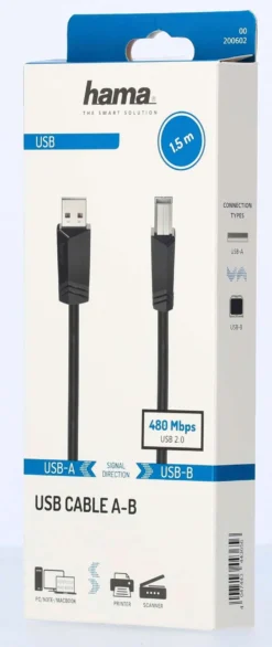 Hama USB-kaapeli, USB-A uros - USB-B uros, USB 2.0, 480 Mbit/s, 1,5 m