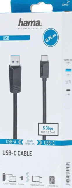Hama USB-kaapeli, USB-A uros - USB-C uros, USB 3.2 Gen 1, 5 Gbit/s, 0,75 m