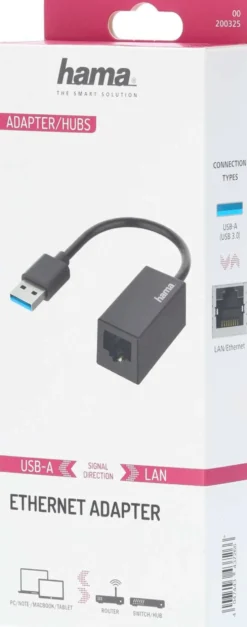Hama Verkkoadapteri, USB-A uros - LAN/Ethernet naaras, USB 3.0, Gigabit Ethernet