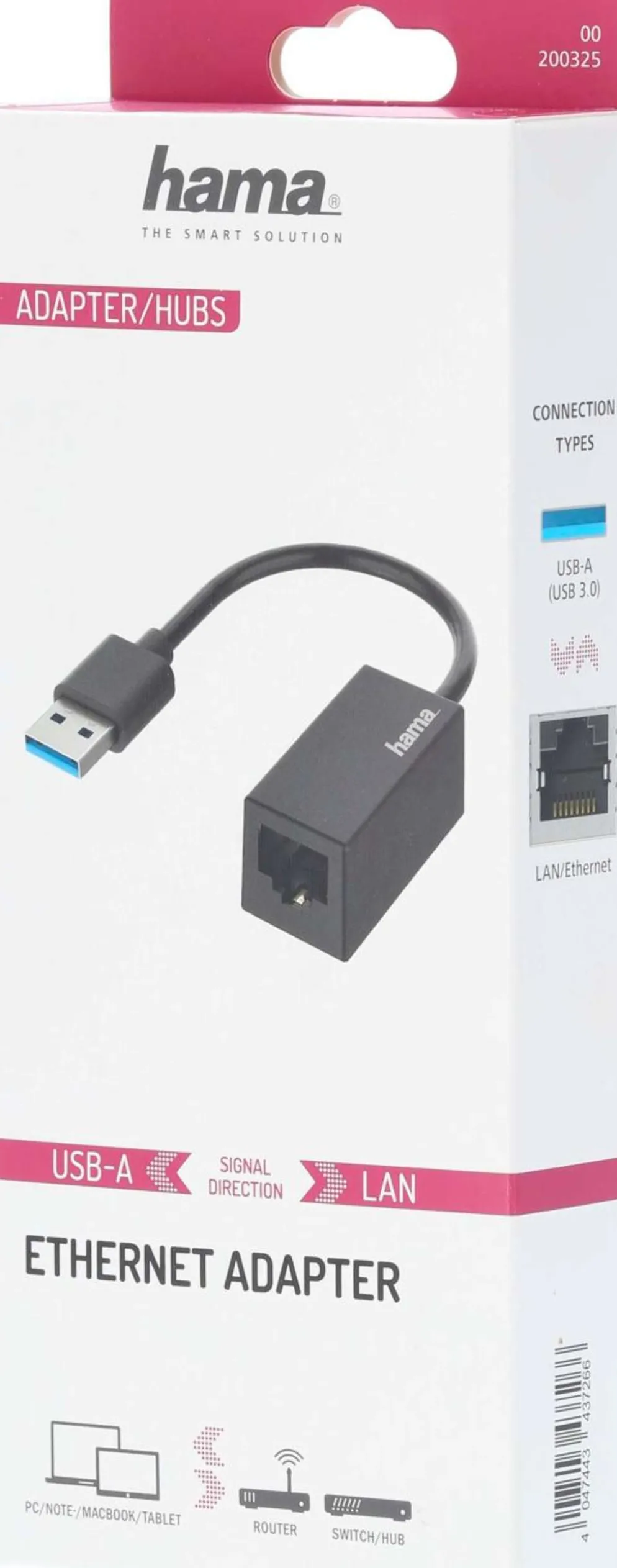 Hama Verkkoadapteri, USB-A uros - LAN/Ethernet naaras, USB 3.0, Gigabit Ethernet