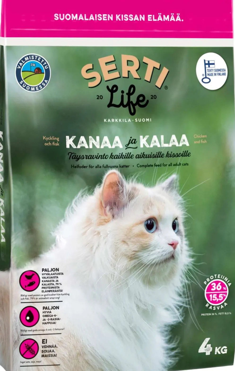 KOTIMAINEN SertiLife Kanaa ja kalaa, täysravinto kaikille aikuisille kissoille, viljaton 4 kg