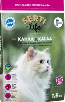 KOTIMAINEN SertiLife Kanaa ja kalaa, täysravinto kaikille aikuisille kissoille, viljaton 1,5 kg