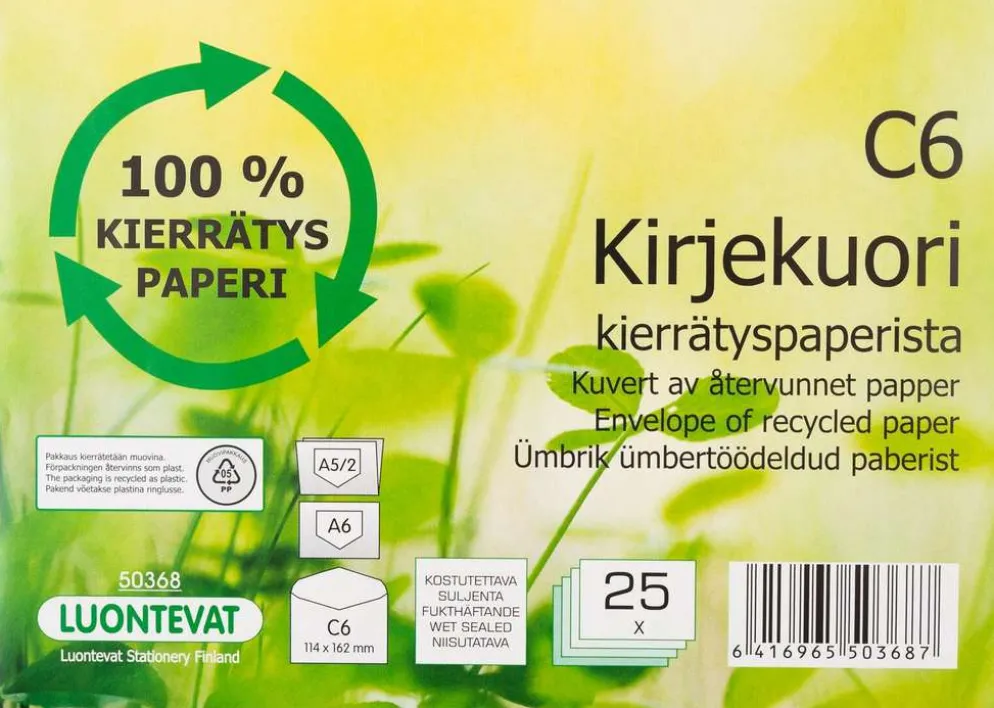 Luontevat kirjekuori C6 25 kpl uusiopaperi