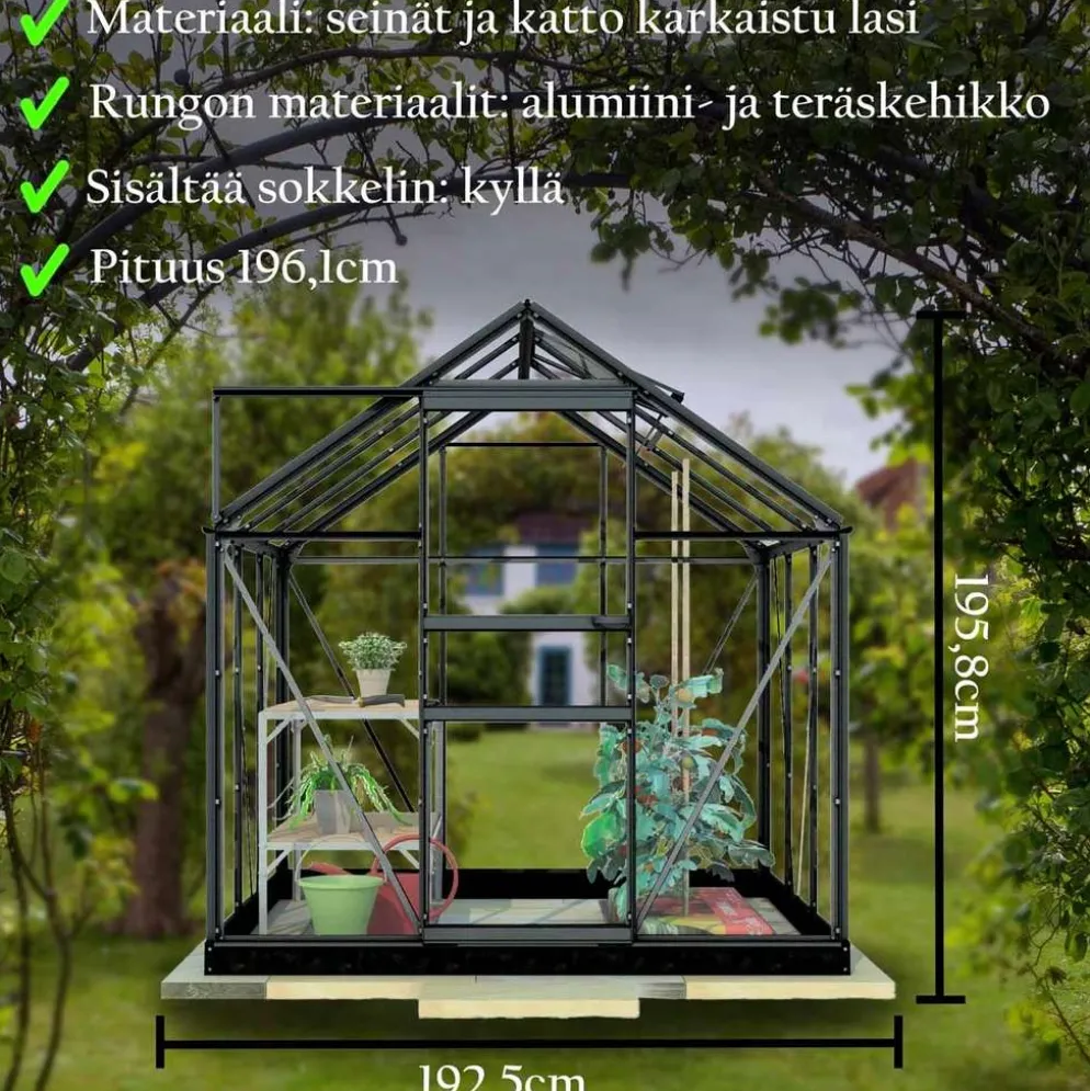 Lykke Kasvihuone Lasi 3,8m2, musta