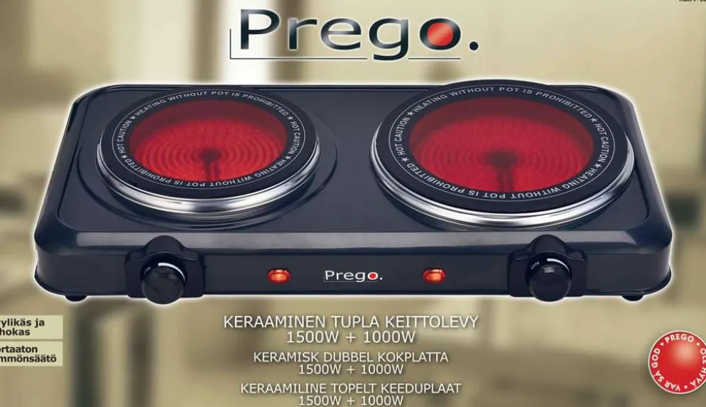 Prego keraaminen keittolevy 2-osainen 1500W +1000W