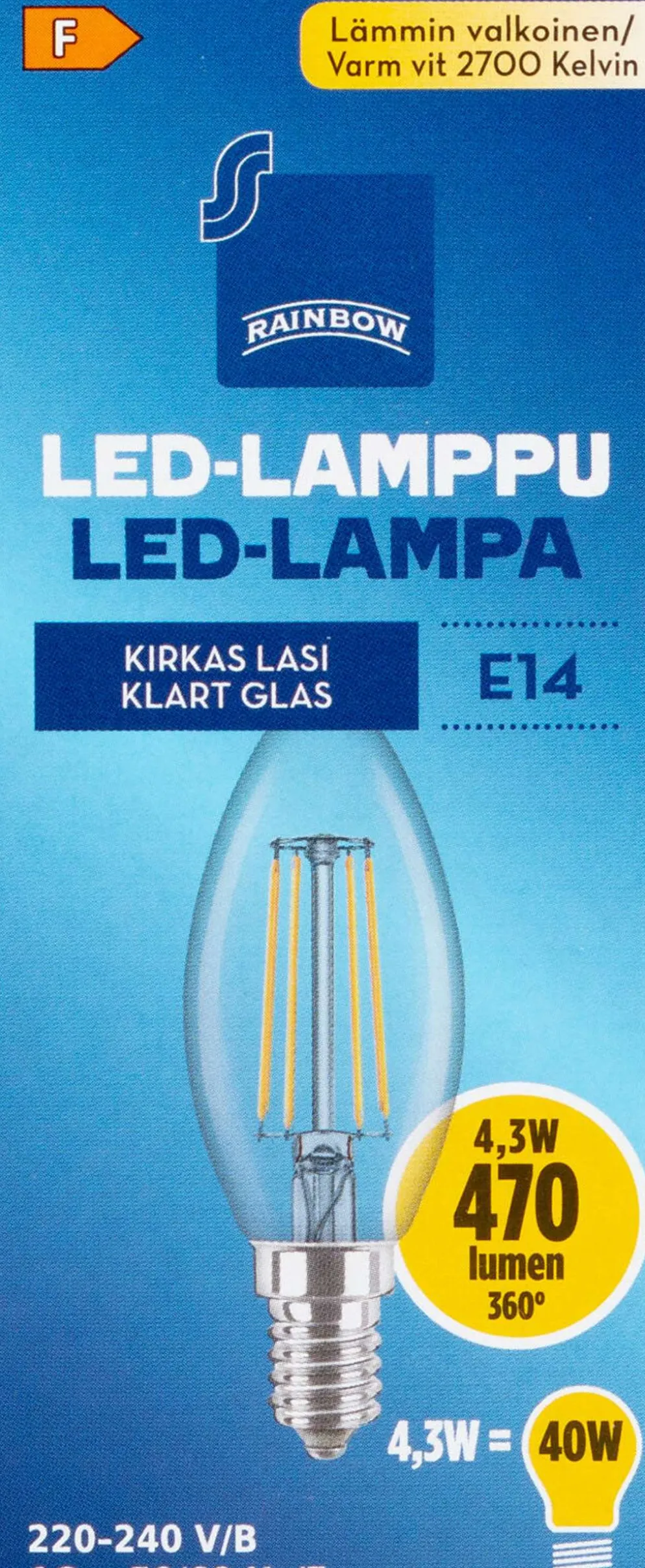 Rainbow LED-kynttilälamppu 4,3W E14 2700K 470lm kirkas lasi