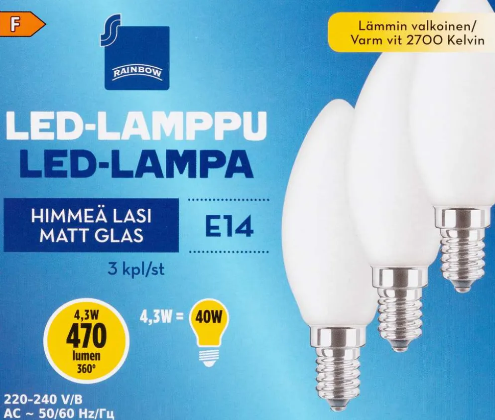 Rainbow LED-kynttilälamppu 4,3W E14 2700K 470lm himmeä lasi 3kpl