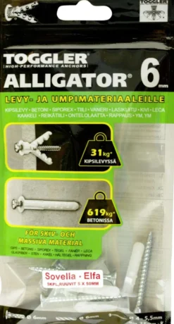 Toggler Alligator AF6-5S kiinnike laipalla 6mm Sovella 5kpl + ruuvit