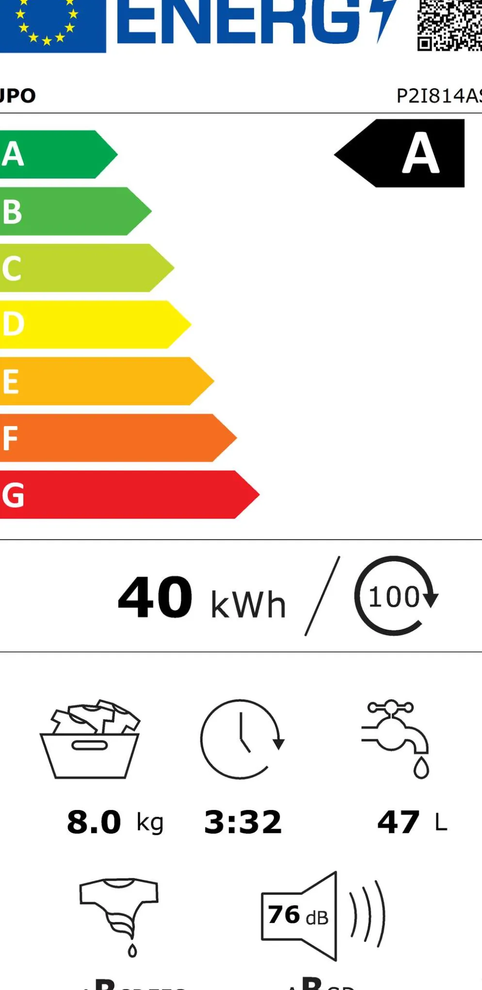 UPO edestä täytettävä pyykinpesukone P2I814AS 8kg valkoinen