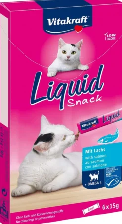 Vitakraft Liquid snack Nestemäinen välipala vähintään 3 kuukauden ikäisille kissoille lohi + omega 3 6x15g