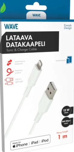 Wave Datakaapeli, Apple Lightning (MFI), 1m, Valkoinen