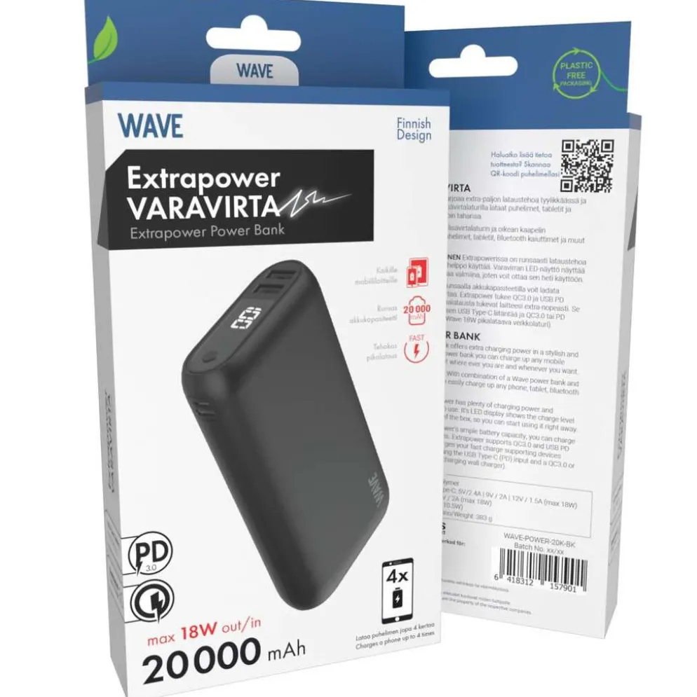 Wave Extrapower Lisävirta, 20000mAh, Musta