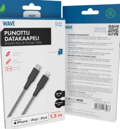 Wave Punottu datakaapeli, USB Type-C -> Apple Lightning (MFI), 1,5m, Mustavalkoinen