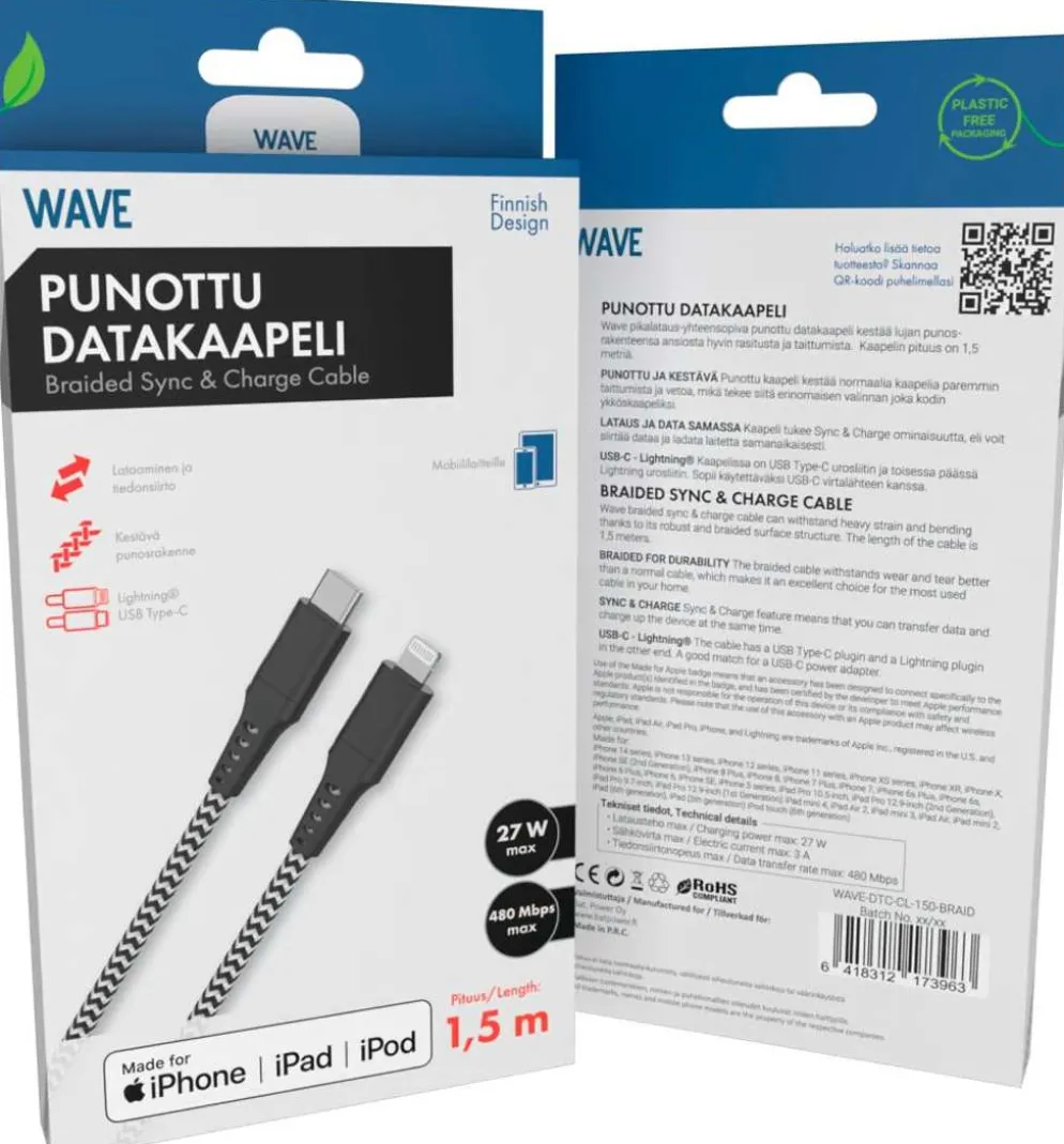 Wave Punottu datakaapeli, USB Type-C -> Apple Lightning (MFI), 1,5m, Mustavalkoinen