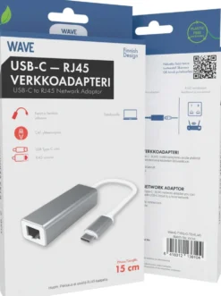 Wave USB Type-C uros - RJ45 naaras verkkoadapteri, 15cm, Hopea/Valkoinen