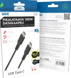 Wave 100W Datakaapeli, USB Type-C -> USB Type-C (480 Mbps), 2m, Musta