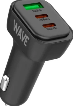 Wave 60W Pikalataava autolaturi, 2 x USB Type-C + 1 x USB-A, Musta