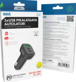Wave 60W Pikalataava autolaturi, 2 x USB Type-C + 1 x USB-A, Musta